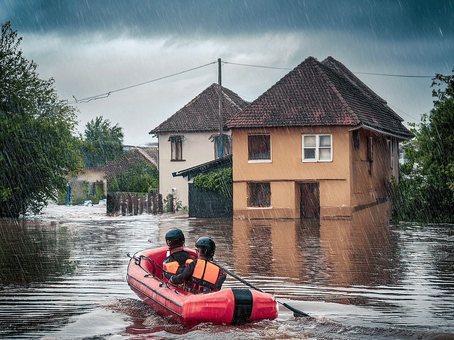 Dwoje ludzi na pontonie płynie w stronę domów zalanych przez powódź