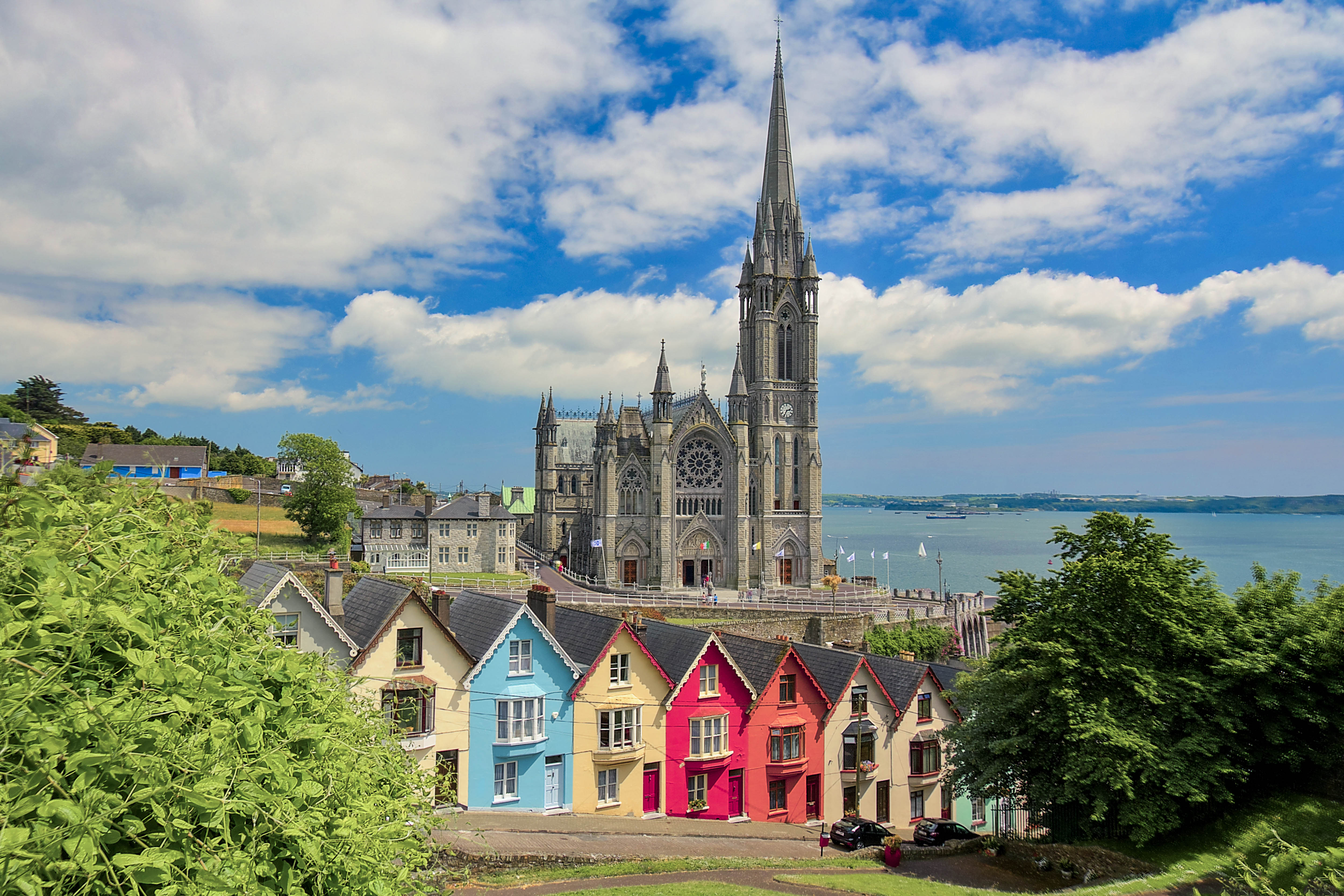 Kolorowe, irlandzie domki widziane na tle katedry Świętego Kolmana w Cork